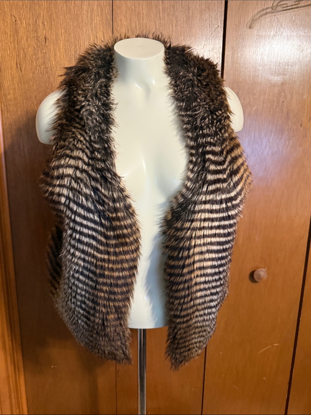 Cato Faux Fur Striped Open-Front Vest - Brown & Black